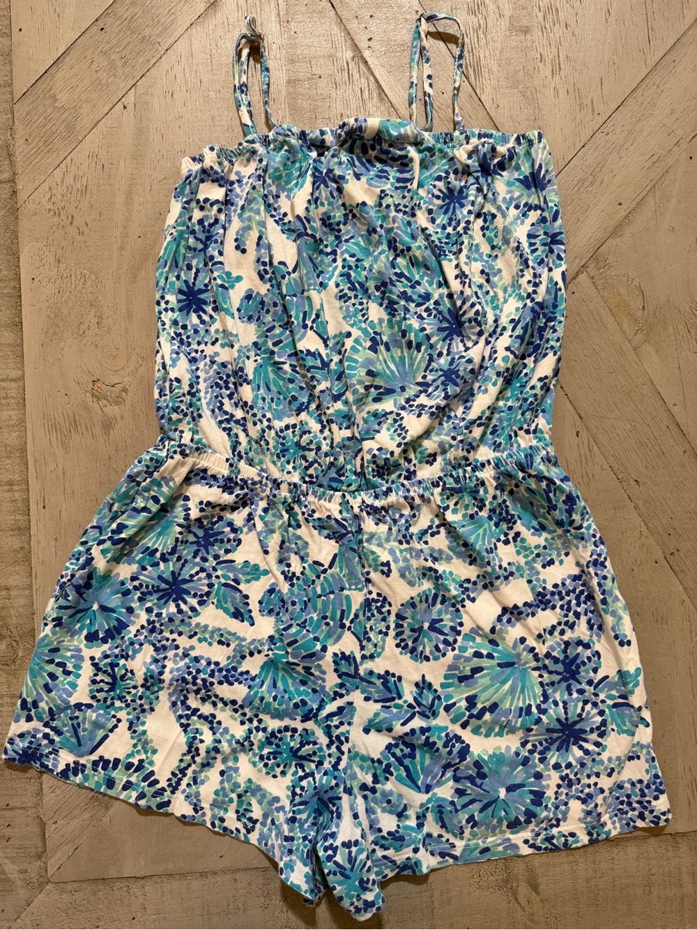 Lilly Pulitzer “Turquoise Oasis Shell Me You Love Me” Girls Romper Size XL 12-14